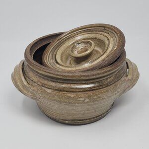 Studio Pottery Crock Dish W/ Lid Signed Roe 1974 Brown VTG 4.5"H 9"